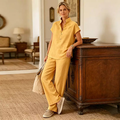 ✨Conjunto de lino y algodón para mujer: blusa de manga corta y pantalón de pierna ancha, estilo veraniego casual y elegante.