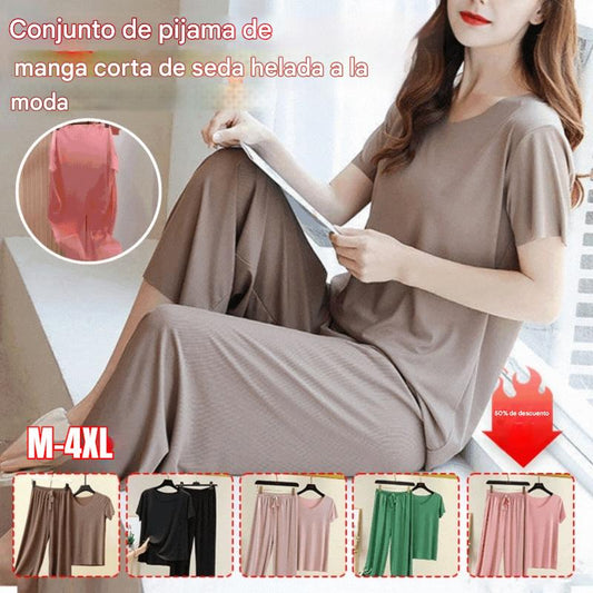 ❤️【M-4XL】Top de manga corta de seda suave + pantalones de pierna ancha❤️ Conjunto de dos piezas