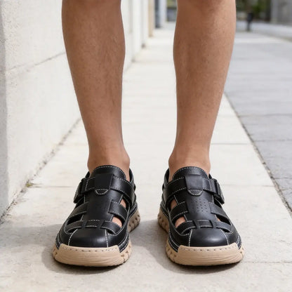【39-45】👞Sandalias casuales antideslizantes de cuero genuino transpirables con diseño calado para hombre, colección verano 2026