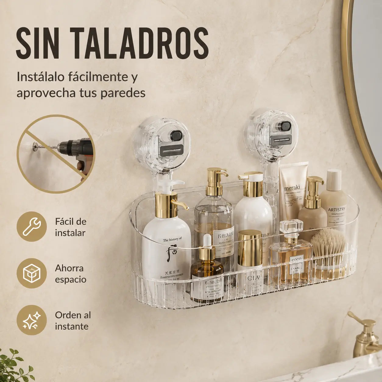 Estante de almacenamiento con ventosa sin perforaciones, escurridor de pared para cocina y baño
