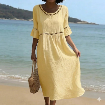 ✨【S–3XL】Dámské přiléhavé šaty z bavlny a lnu s kulatým výstřihem, s balónovými rukávy, prodyšné a měkké, pohodlné na nošení