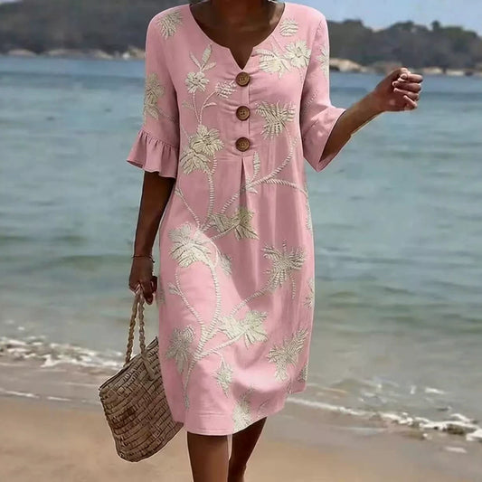 【S-3XL】Vestido de mujer estampado de algodón y lino, mangas abullonadas, diseño con botones