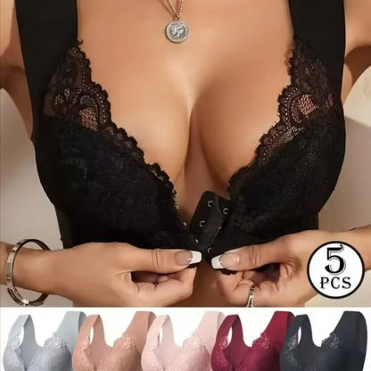 💖Najniža cijena ograničeno vrijeme【Set od 5 dijelova】【40-100KG】😍🩲Grudnjak s efektom podizanja i prekrasnom čipkom na leđima, velika veličina, s podiznim krojem i kopčanjem sprijeda