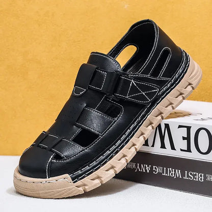 【39-45】👞Sandalias casuales antideslizantes de cuero genuino transpirables con diseño calado para hombre, colección verano 2026