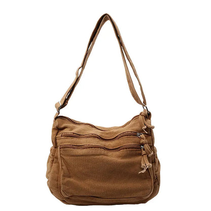 👜✨Bolso bandolera de lona desgastada de gran capacidad: diseño con múltiples compartimentos con cremallera y correa ancha ajustable para el hombro.