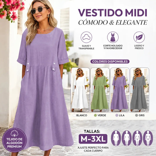 👕【M-3XL】Nuevo vestido de lino y algodón con cuello redondo, transpirable y cómodo, con efecto adelgazante.