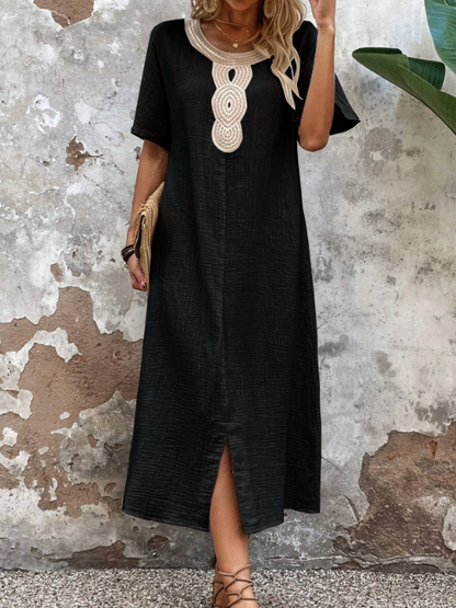 🧚‍♀️👗【Sleva 50 % 🔥】【S-3XL】💖Vestido de verano holgado para mujer con escote redondo, confeccionado en algodón puro y lino, con abertura.