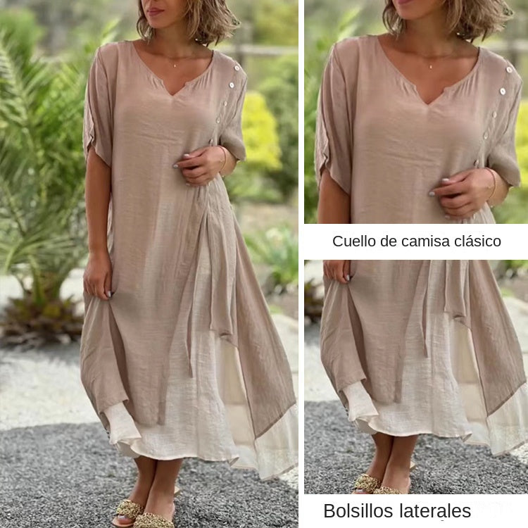 【S-4XL】🌸👗Nuevo vestido asimétrico de dos piezas con escote en V