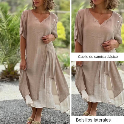 【S-4XL】🌸👗Nuevo vestido asimétrico de dos piezas con escote en V
