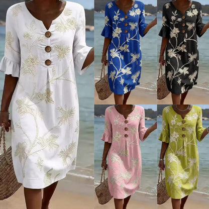 【S-3XL】Vestido de mujer estampado de algodón y lino, mangas abullonadas, diseño con botones