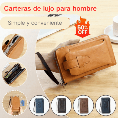 Cartera multifuncional para hombre de cuero genuino hecha a mano de nuevo estilo