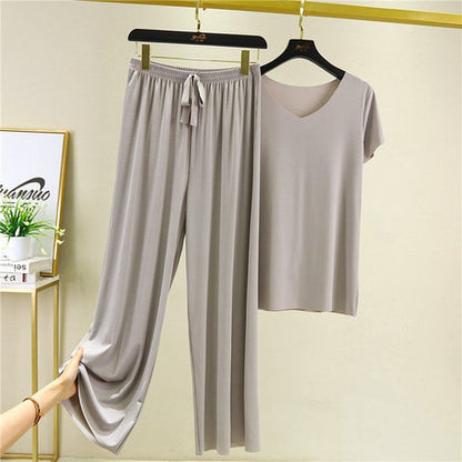 ❤️【M-4XL】Top de manga corta de seda suave + pantalones de pierna ancha❤️ Conjunto de dos piezas