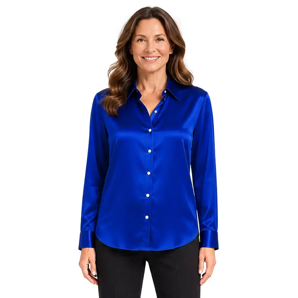 👚Blusa de satén de manga larga para mujer - Camisa de trabajo de talla grande de corte holgado - Ligera y elegante