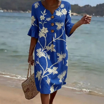 【S-3XL】Vestido de mujer estampado de algodón y lino, mangas abullonadas, diseño con botones