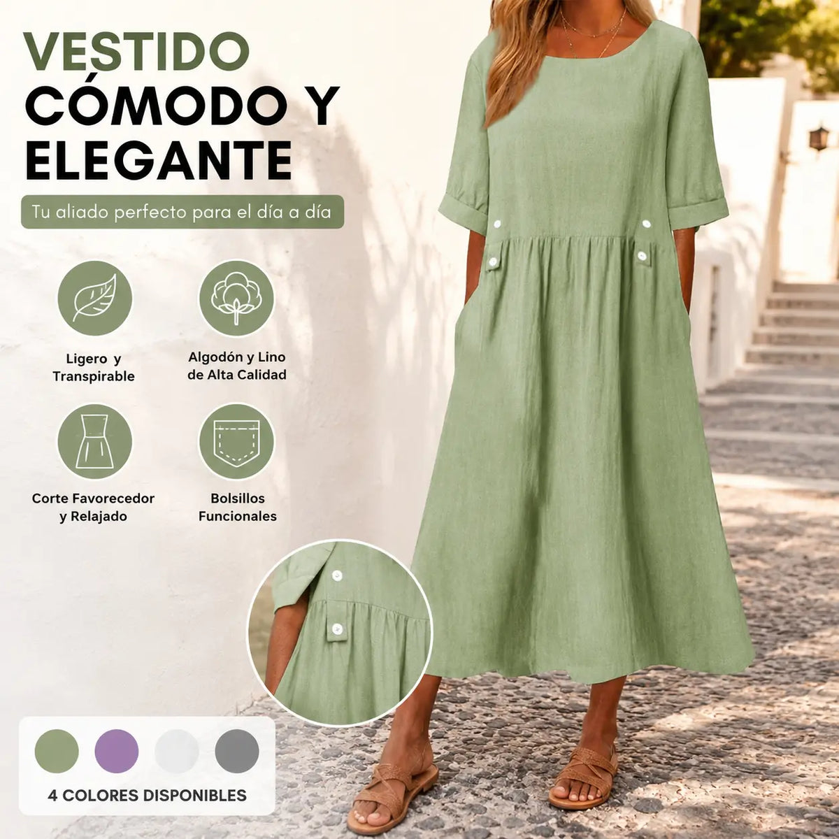 👕【M-3XL】Nuevo vestido de lino y algodón con cuello redondo, transpirable y cómodo, con efecto adelgazante.