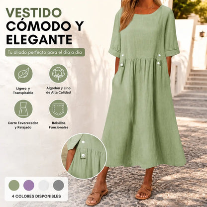 👕【M-3XL】Nuevo vestido de lino y algodón con cuello redondo, transpirable y cómodo, con efecto adelgazante.