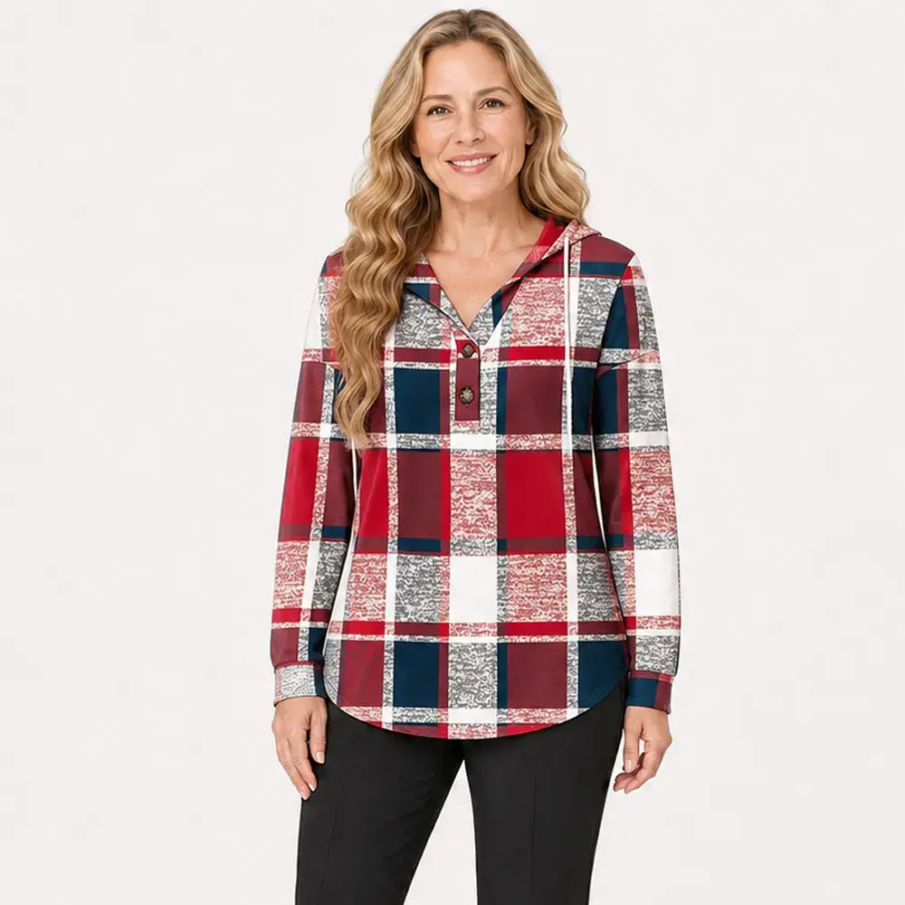 🧥 Sudadera a cuadros con capucha y cuello en V para mujer – cierre de botones, manga larga – sudadera holgada a cuadros para otoño e invierno