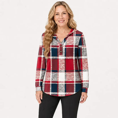 🧥 Sudadera a cuadros con capucha y cuello en V para mujer – cierre de botones, manga larga – sudadera holgada a cuadros para otoño e invierno