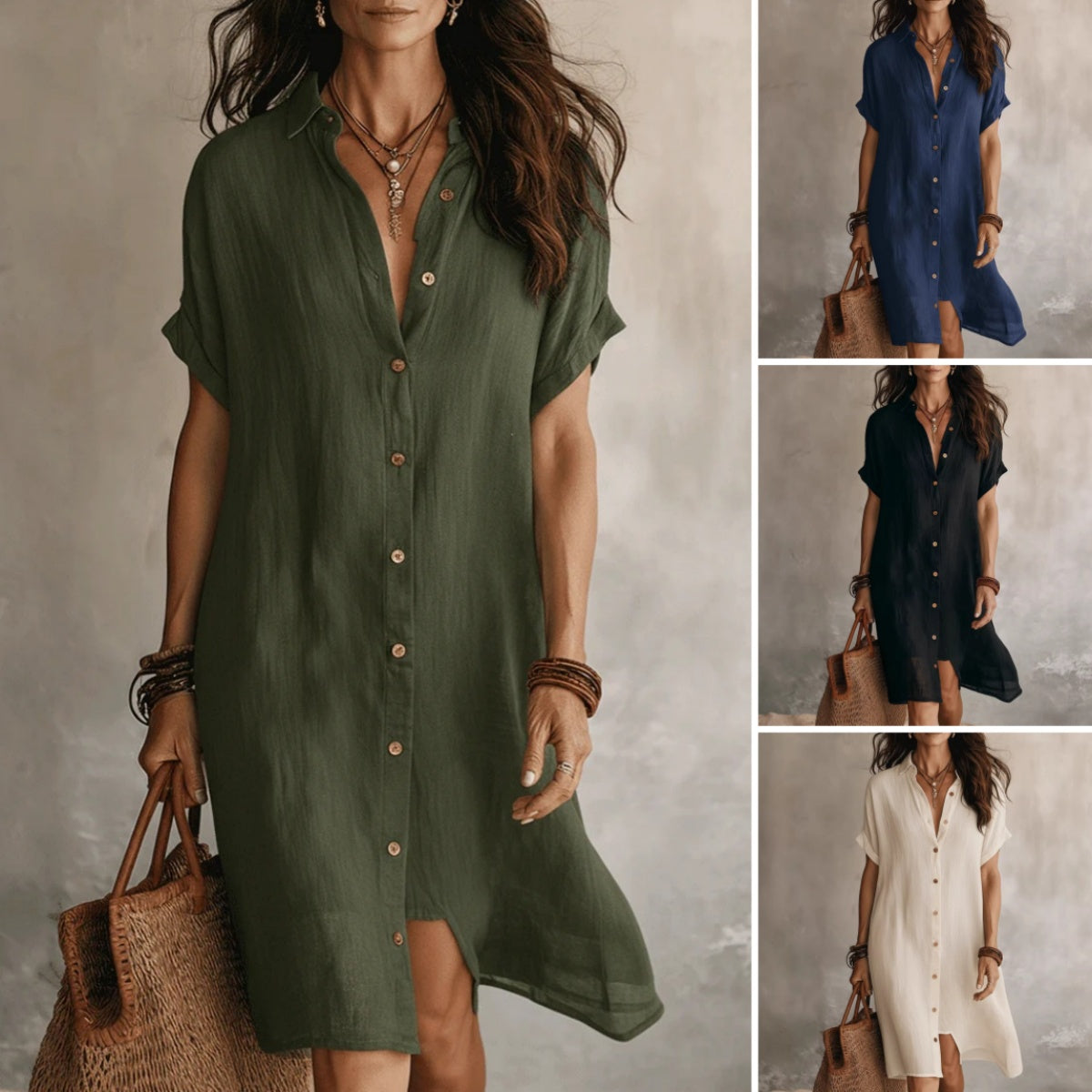 Vestido camisero elegante y casual de largo medio, de color liso, con mangas cortas y cierre de botones.