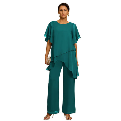 Elegante conjunto de chifón: Top asimétrico con volantes y pantalones de pierna ancha – Atuendo sofisticado para eventos, Tallas S-3XL