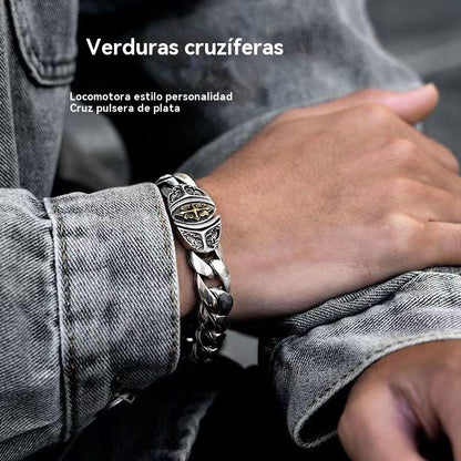 ✨【Hecho de plata de ley】🔥Pulsera vintage con patrón de la suerte para hombre, estilo punk urbano, hecha a mano, apariencia única