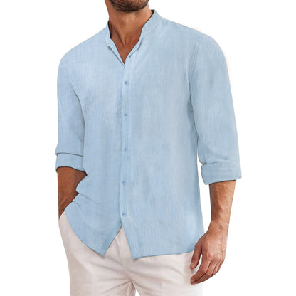 👔【M-3XL】Camisa informal de algodón y lino de color liso para hombre-Pago contra entrega