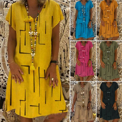 👗【50% zniżki】 【S-5XL】Najlepiej sprzedająca się w 2026 roku bawełniana sukienka z nadrukiem i dekoltem w serek