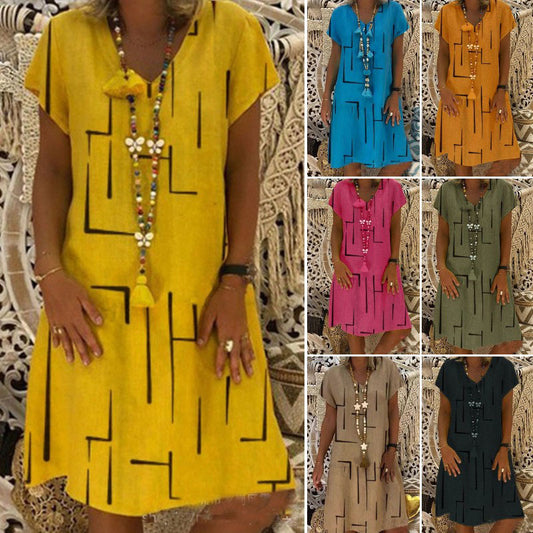👗【50% zniżki】 【S-5XL】Najlepiej sprzedająca się w 2026 roku bawełniana sukienka z nadrukiem i dekoltem w serek