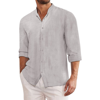 👔【M-3XL】Camisa informal de algodón y lino de color liso para hombre-Pago contra entrega