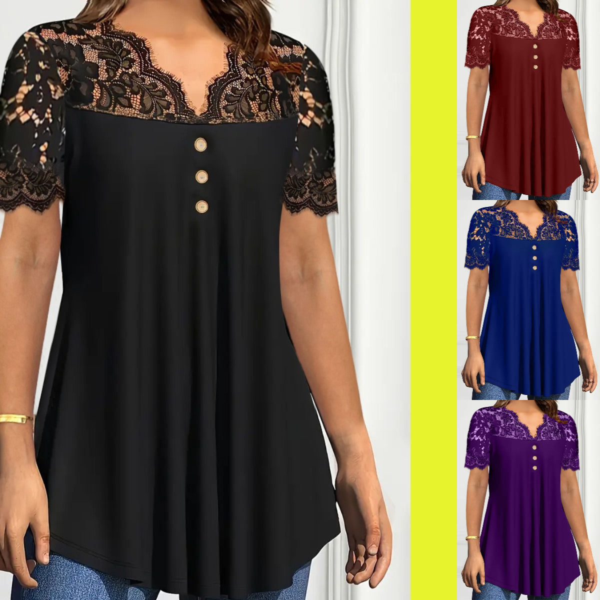 🔥【S-2XL】💖🎁Nueva blusa de encaje con cuello en V y mangas cortas para primavera/verano 2026