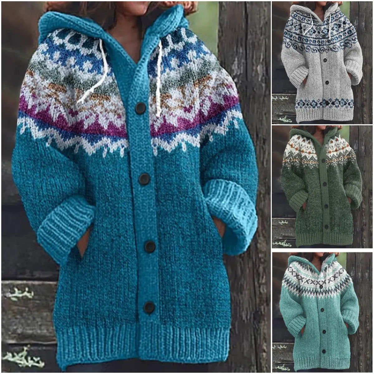 🔥🔥【S–5XL】✨ Nueva chaqueta de punto con capucha y diseño colorido para otoño/invierno