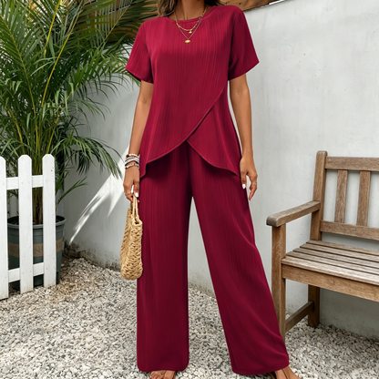 👗 Conjunto para mujer (Tallas S–3XL) – corte casual, manga corta, cuello redondo, diseño asimétrico (top + pantalón)