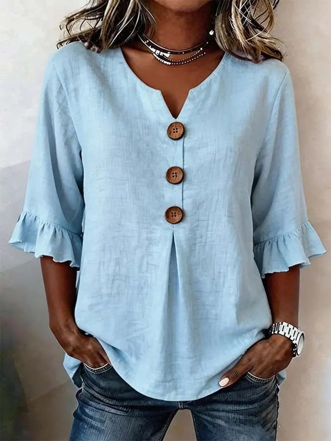 [S-3XL] Nueva camisa de mujer con cuello en V y volantes, mezcla de algodón y lino, con botones: sencilla y elegante.