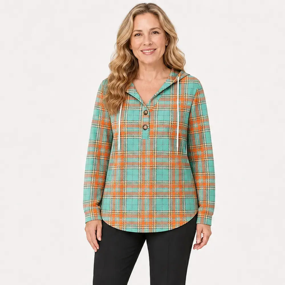 🧥 Sudadera a cuadros con capucha y cuello en V para mujer – cierre de botones, manga larga – sudadera holgada a cuadros para otoño e invierno