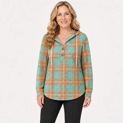 🧥 Sudadera a cuadros con capucha y cuello en V para mujer – cierre de botones, manga larga – sudadera holgada a cuadros para otoño e invierno