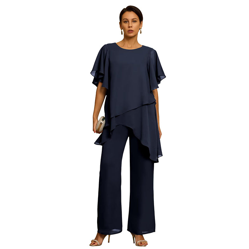 Elegante conjunto de chifón: Top asimétrico con volantes y pantalones de pierna ancha – Atuendo sofisticado para eventos, Tallas S-3XL