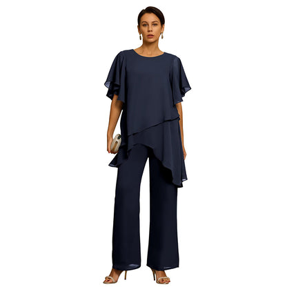 Elegante conjunto de chifón: Top asimétrico con volantes y pantalones de pierna ancha – Atuendo sofisticado para eventos, Tallas S-3XL