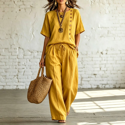 🎨 【Camiseta + Pantalones de pierna ancha】Un conjunto de dos piezas elegante e informal, hecho de algodón y lino, cómodo y transpirable, disponible en varios colores.