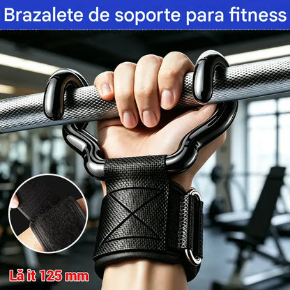 🔥Juego de 2 Ganchos de Fitness para Levantamiento de Pesas | Muñequeras Antideslizantes 125mm | Carga 250kg para Peso Muerto y Dominadas