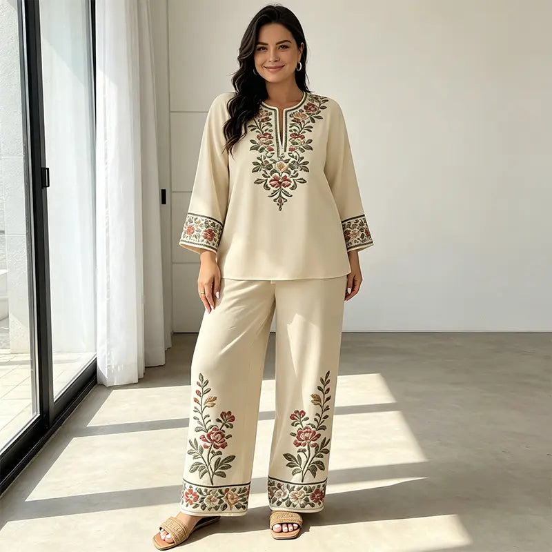 Conjunto de verano de dos piezas para mujer, confeccionado en lino: top holgado estampado y pantalón de pierna ancha, elaborados con un tejido suave, transpirable y agradable para la piel.