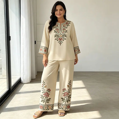 Conjunto de verano de dos piezas para mujer, confeccionado en lino: top holgado estampado y pantalón de pierna ancha, elaborados con un tejido suave, transpirable y agradable para la piel.