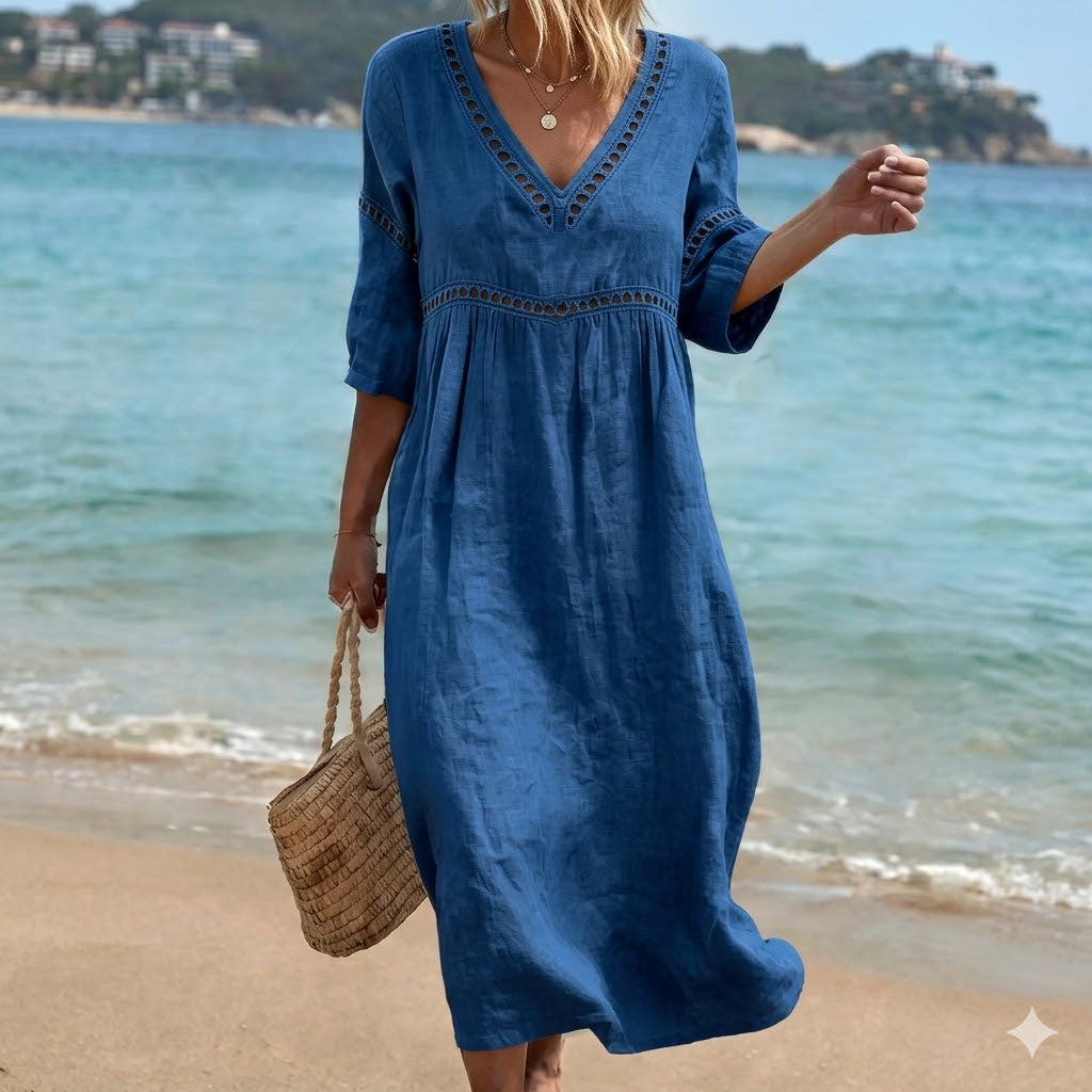 👗【S-3XL】Vestido de verano de algodón y lino a la moda con escote en V, transpirable, cómodo y que no se atasca.
