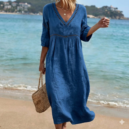 👗【S-3XL】Vestido de verano de algodón y lino a la moda con escote en V, transpirable, cómodo y que no se atasca.
