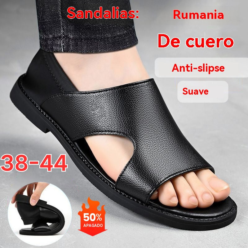 【38-44】Sandalias de verano 2026 para hombre de piel de vaca, transpirables, huecas, antideslizantes, informales