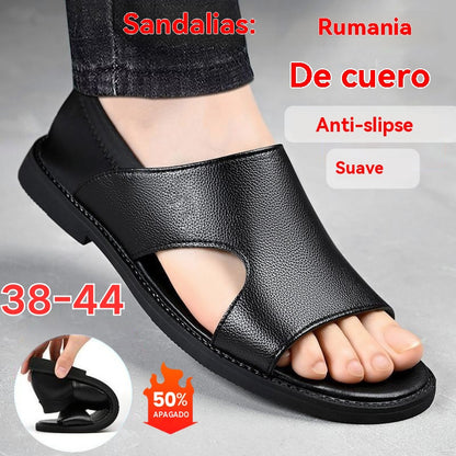 【38-44】Sandalias de verano 2026 para hombre de piel de vaca, transpirables, huecas, antideslizantes, informales