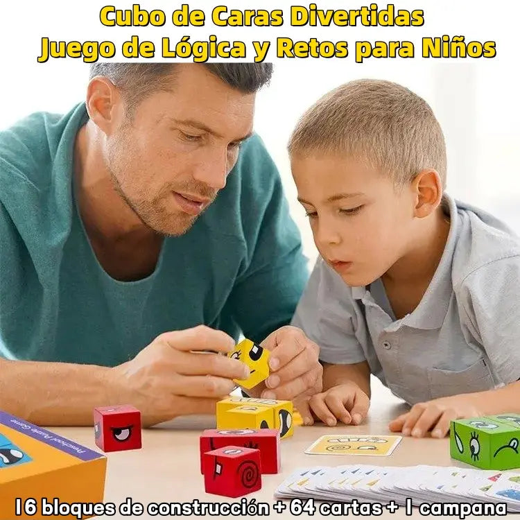 【16 bloques de construcción + 64 cartas + 1 campana】😄 Cubo de Caras Divertidas – Juego de Lógica y Retos para Niños