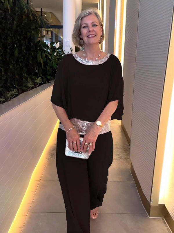 🥰[S-3XL]2026 Traje de pantalón ancho con lentejuelas y cuello redondo