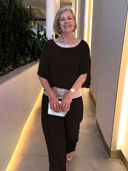 🥰[S-3XL]2026 Traje de pantalón ancho con lentejuelas y cuello redondo
